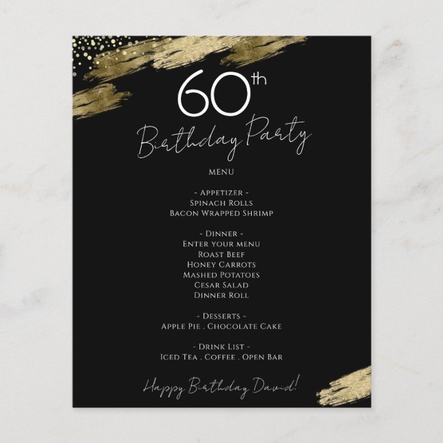 60:e födelsedag Svart och Guld Party Menu Flyer (Framsidan)