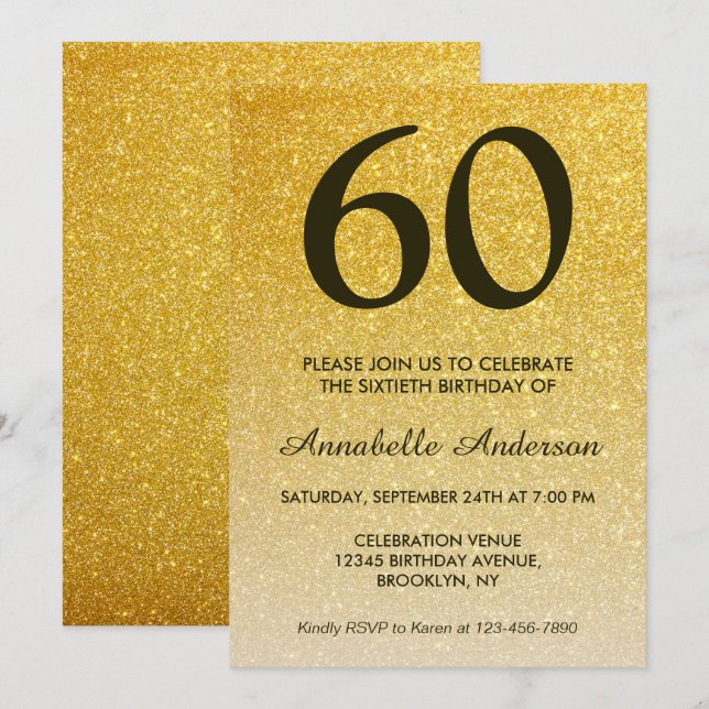 60:e födelsedag Svarta Glitter-Gnistran Guld Inbjudningar (Fram/baksida)