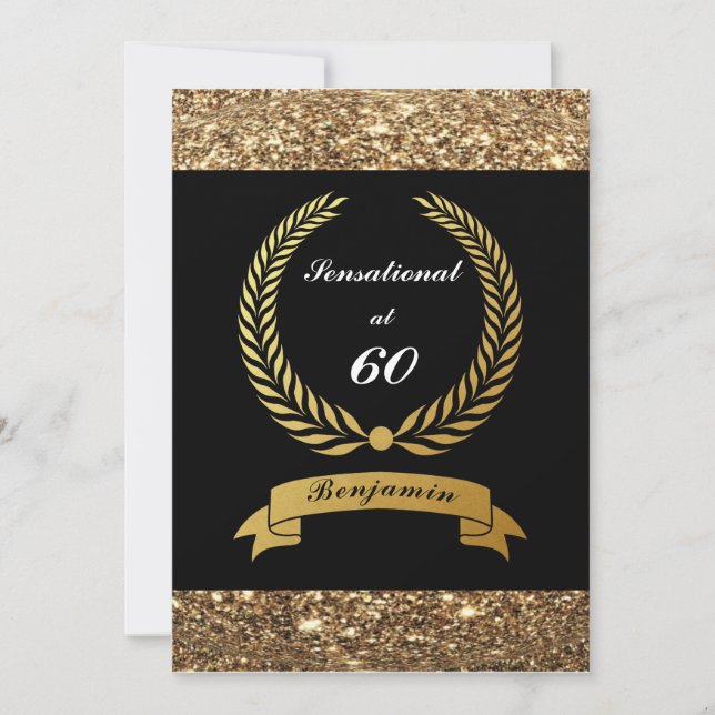 60:e födelsedag Svarta Guld Glitter Elegant Party Inbjudningar (Framsida)