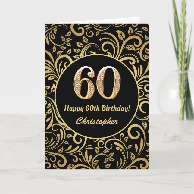60:e födelsedag Svarta och Guld-Blommönstret Kort (Framsida)