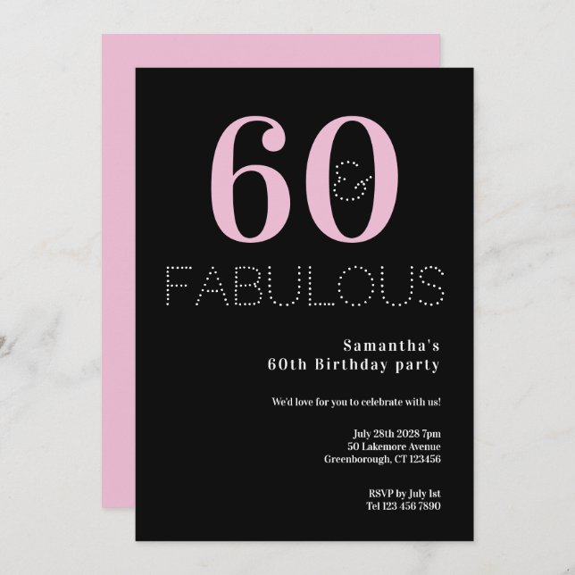 60:e födelsedagen 60 och Fabulous Black Rosa Party Inbjudningar (Fram/baksida)