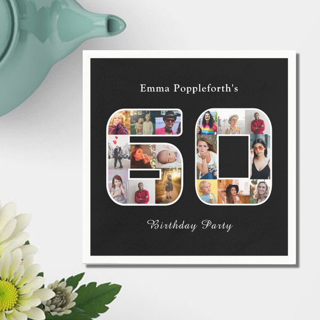 60:e födelsedagen 60 Photo Collage Black White Pappersservett (60th birthday party paper napkin. black with white text and photo collage template.)