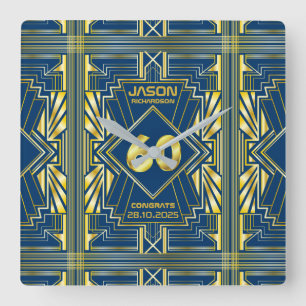 60:e födelsedagen Art Deco Guld Blue Underbar Gat Fyrkantig Klocka