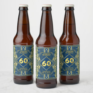 60:e födelsedagen Art Deco Guld Blue Underbar Gat Ölflaska Etikett