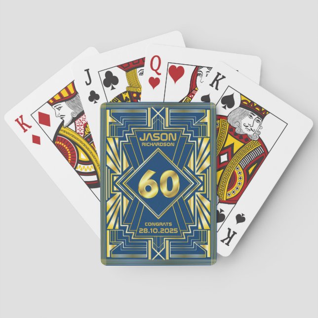 60:e födelsedagen Art Deco Guld Blue Underbar Gats Casinokort (Baksidan)