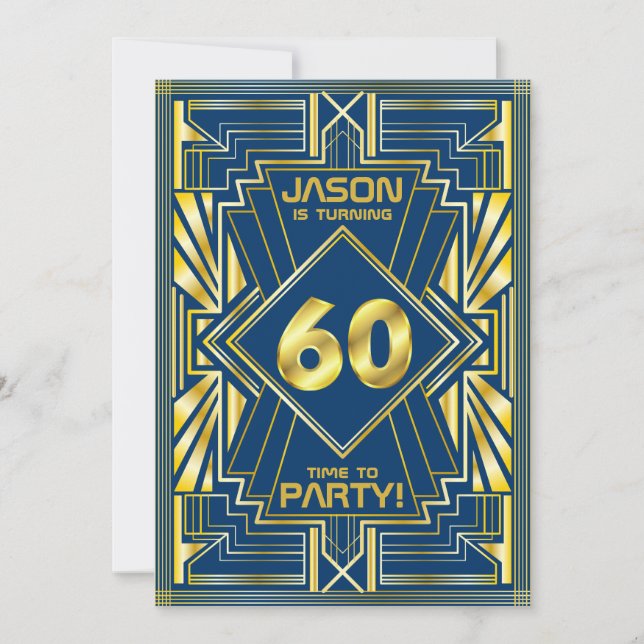 60:e födelsedagen Art Deco Guld Blue Underbar Gats Inbjudningar (Framsida)