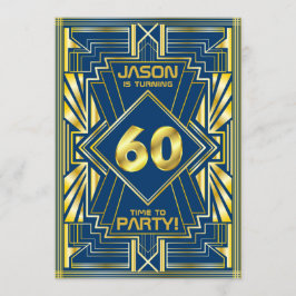 60:e födelsedagen Art Deco Guld Blue Underbar Gats Inbjudningar