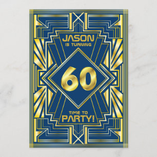 60:e födelsedagen Art Deco Guld Blue Underbar Gats Inbjudningar