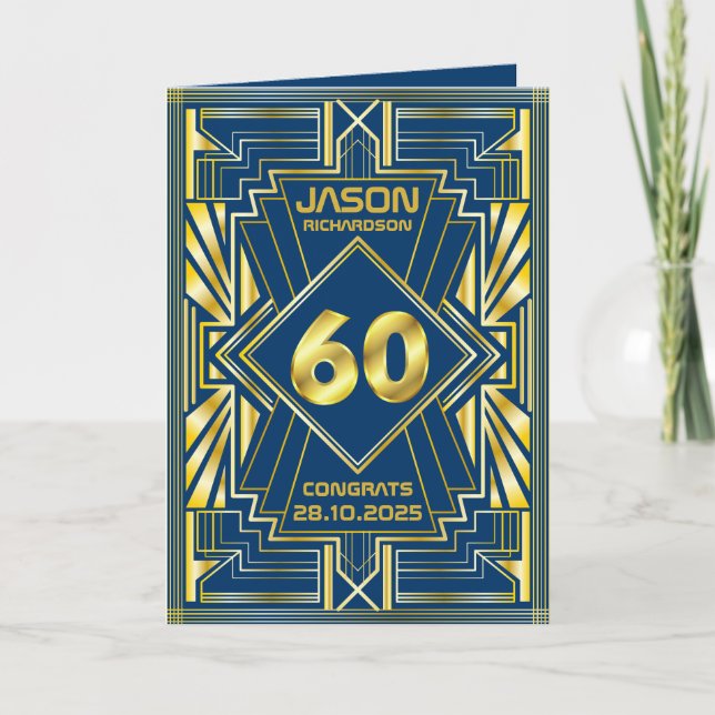 60:e födelsedagen Art Deco Guld Blue Underbar Gats Kort (Framsida)