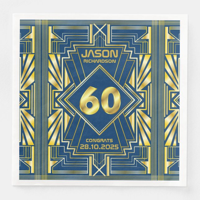 60:e födelsedagen Art Deco Guld Blue Underbar Gats Pappersservett (Framsida)