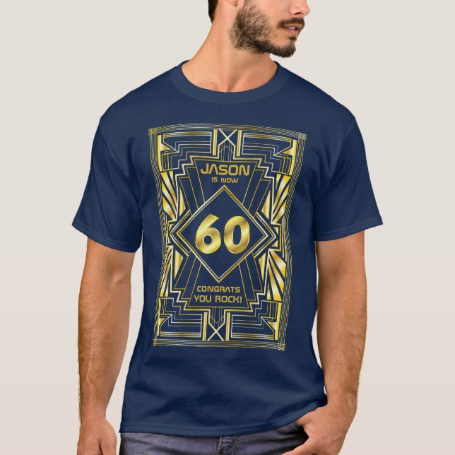 60:e födelsedagen Art Deco Guld Blue Underbar Gats T Shirt (Framsida)