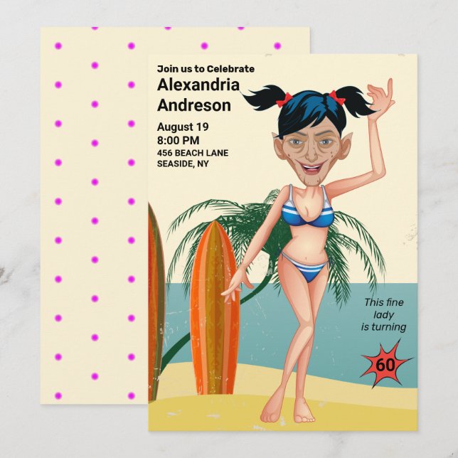 60:e födelsedagen 🎉 Beach Bikini Party Inbjudningar (Fram/baksida)