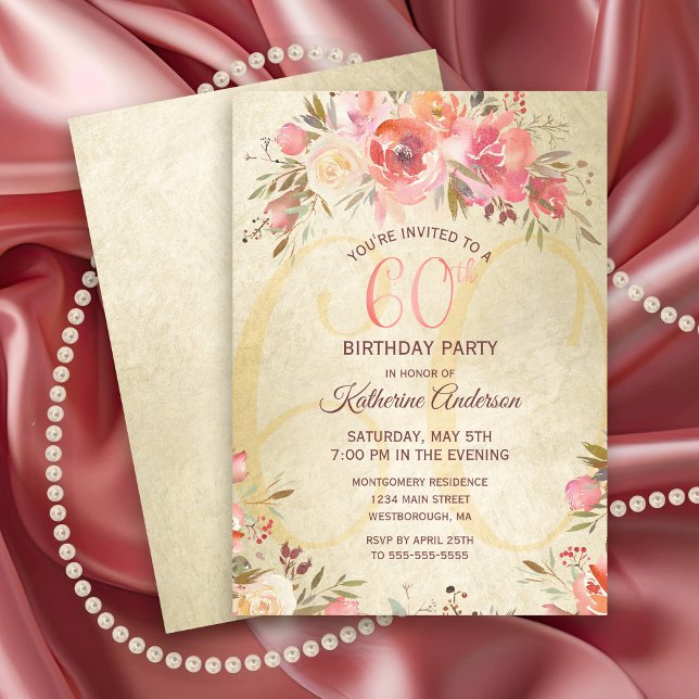 60:e födelsedagen Blommigt Rosa ros Guld Shimmer P Inbjudningar (Elegant Pink Roses with Gold Shimmer 60th Birthday Party Invitation)