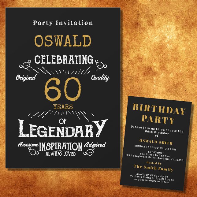 60:e födelsedagen Born Legendary Black Guld Retro Inbjudningar (For those celebrating their 60th birthday we have the ideal birthday party invitation)