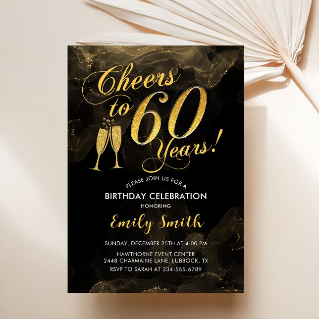 60:e födelsedagen - Cheers to 60 Years Guld Black Inbjudningar (Skapare uppladdad)