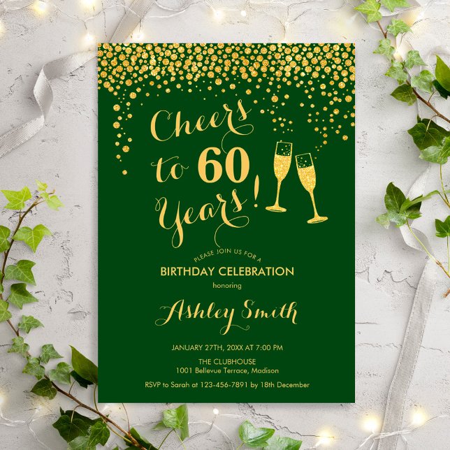 60:e födelsedagen - Cheers to 60 Years Guld Grönt Inbjudningar (Skapare uppladdad)