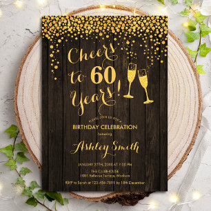 60:e födelsedagen - Cheers to 60 Years Guld Wood Inbjudningar