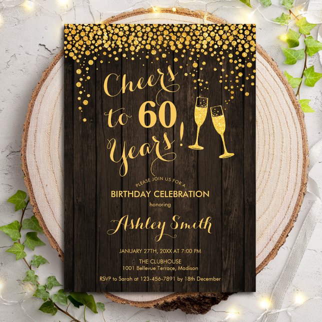 60:e födelsedagen - Cheers to 60 Years Guld Wood Inbjudningar (Skapare uppladdad)