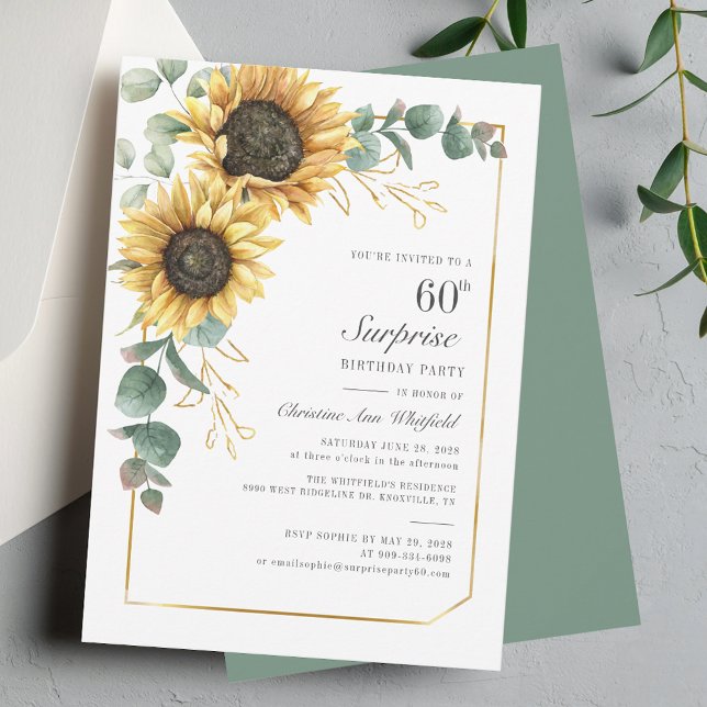 60:e födelsedagen Eucalyptus Blommigt Solros Inbjudningar (Sunflower Eucalyptus Floral 60th Birthday Invitation)