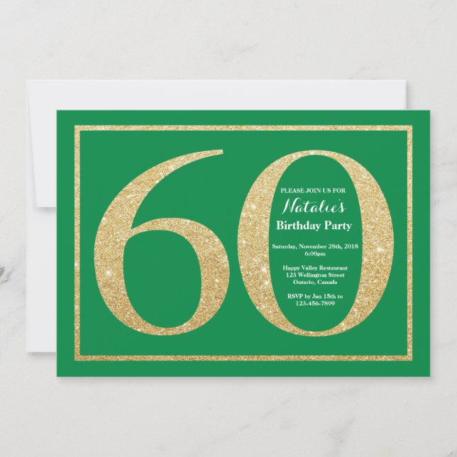 60:e födelsedagen Grönt och Guld Glitter Inbjudningar (Framsida)