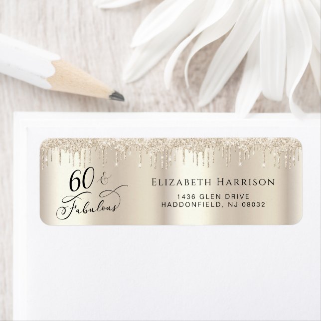60:e födelsedagen Guld Glitter Returadress Returadress Etikett (Insitu)