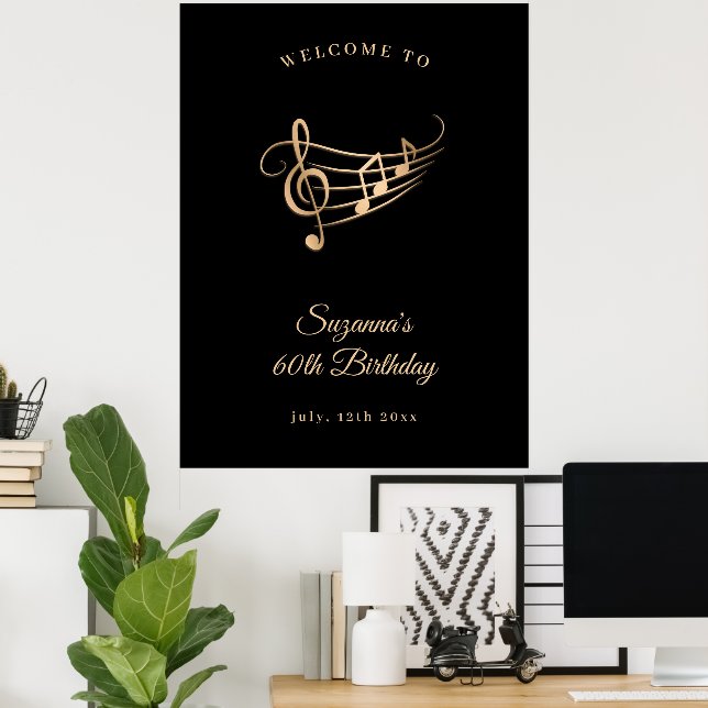 60:e födelsedagen Guld Musik noter Elegant Poster (Hemmakontoret)