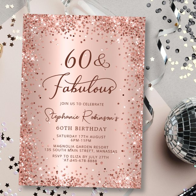 60:e födelsedagen Ro och Fabulous Guld Glitter Inbjudningar (Skapare uppladdad)