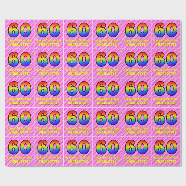 60:e födelsedagen: Rosa Rand & Hearts, regnbåge nr Presentpapper (Platt)