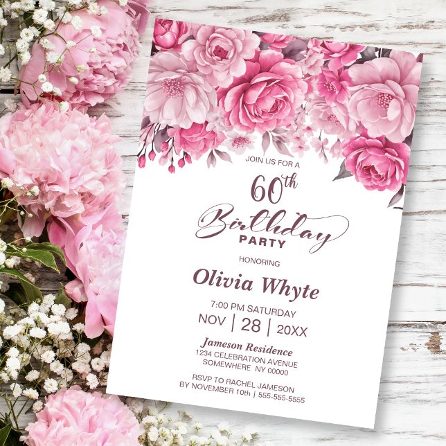 60:e födelsedagen Rosa ros Blommigt Party Inbjudningar (Skapare uppladdad)