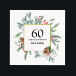 60:e födelsedagen: Rustic Winter Greenery Red Bow Pappersservett<br><div class="desc">Röda bär och gräs är inkapslade i en rustik vinter-grön andedräkt. Det är ramar 60,  firarens namn och sextionde födelsedag. All text kan redigeras.</div>