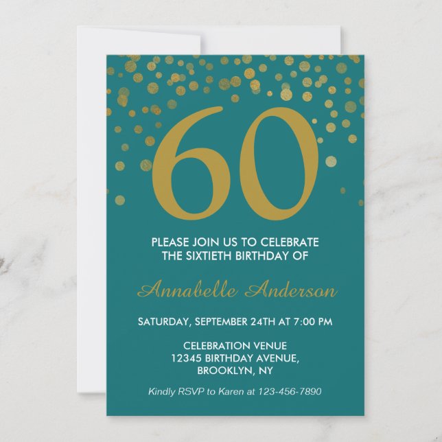 60:e födelsedagen Teal Guld Confetti Modern Elegan Inbjudningar (Framsida)