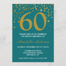 60:e födelsedagen Teal Guld Confetti Modern Elegan Inbjudningar