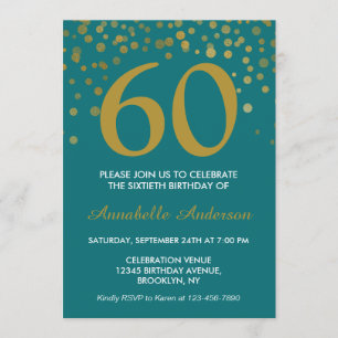 60:e födelsedagen Teal Guld Confetti Modern Elegan Inbjudningar