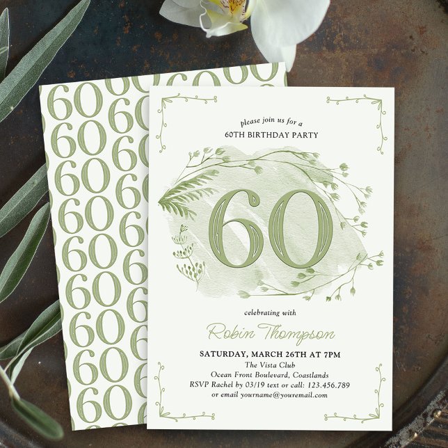 60:e födelsedagsdagen Grönt Djuren Wildblomma numm Inbjudningar (60th Birthday Invitation - buy professionally printed or as digital download for printing or sharing)