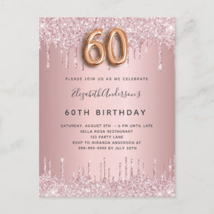 60:e födelsedagseftermiddagens rosa damm ro glitte inbjudan vykort