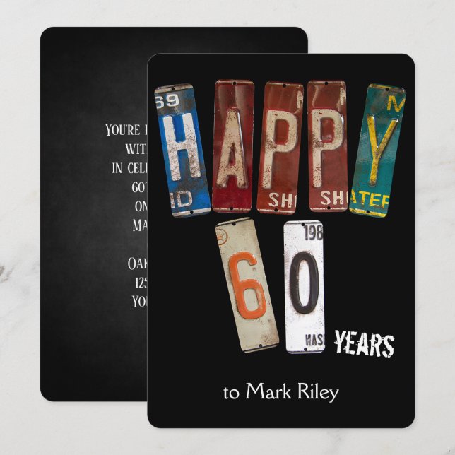 60:e födelsedagsfest-gamla licensen tallrikar inbjudningar (Fram/baksida)