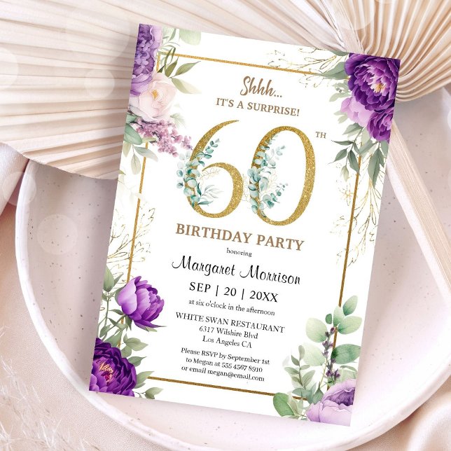 60:e Födelsedagsfesten Elegant Guld Lila Peony Inbjudningar (Skapare uppladdad)