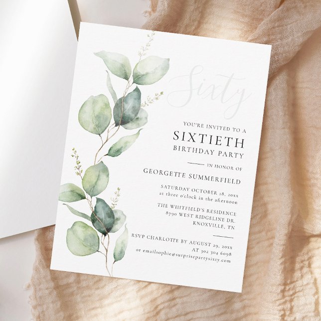 60:e Födelsedagsfesten Eucalyptus Greenery-skript Inbjudningar (Watercolor Eucalyptus Greenery 60th Birthday Party Invitation)