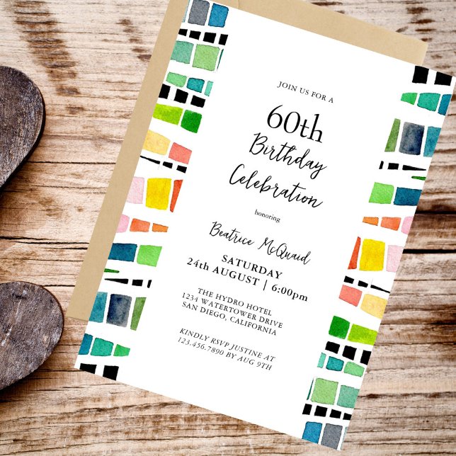 60:e Födelsedagsfesten för vattenfärg Geometric Mö Inbjudningar (Colorful Modern 60th Birthday Invitation)