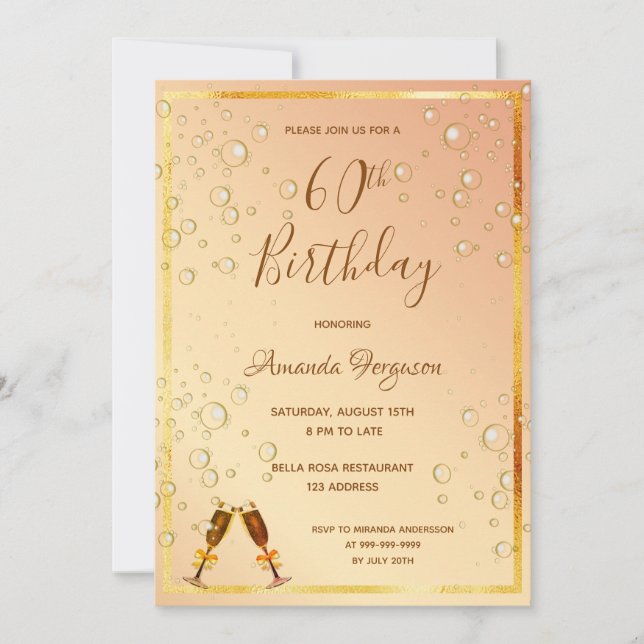 60:e födelsedagsfesten glam från bubblor i guld inbjudningar (Framsida)
