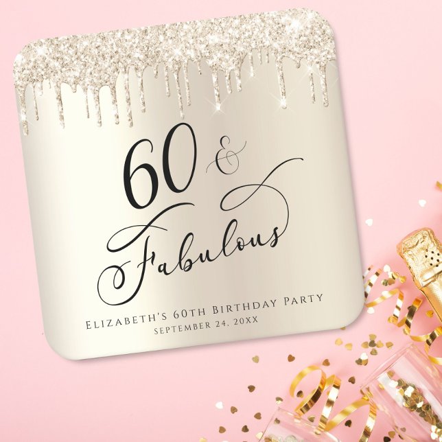 60:e Födelsedagsfesten Glitter Guld Underlägg Papper Kvadrat (Skapare uppladdad)