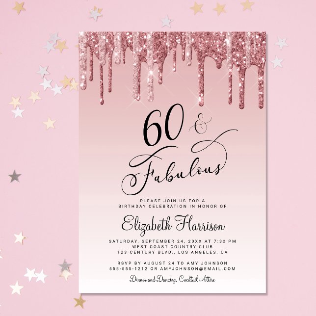 60:e Födelsedagsfesten Glitter Ro Guld Rosa Inbjudningar (Celebrate her 60 years of sparkle with an elegant rose gold glitter birthday party invitation )