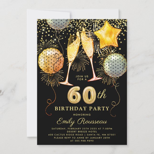 60:e Födelsedagsfesten Guld Black Glitter Confetti Inbjudningar (Framsida)