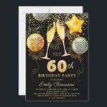 60:e Födelsedagsfesten Guld Black Glitter Confetti Inbjudningar<br><div class="desc">Ett dynamiskt fet 60:e födelsedagsfest inbjudan med champagneglas,  ballonger och guld glitter konetti,  guld på svart. Faux guld-folie på baksidan av inbjudan.</div>
