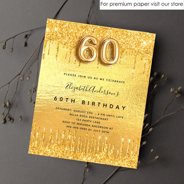 60:e födelsedagsfesten guld glitter droppar inbjudan vykort (Skapare uppladdad)