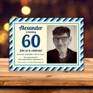 60:e Födelsedagsfesten Retro Blue Rand-manligt fot Inbjudningar