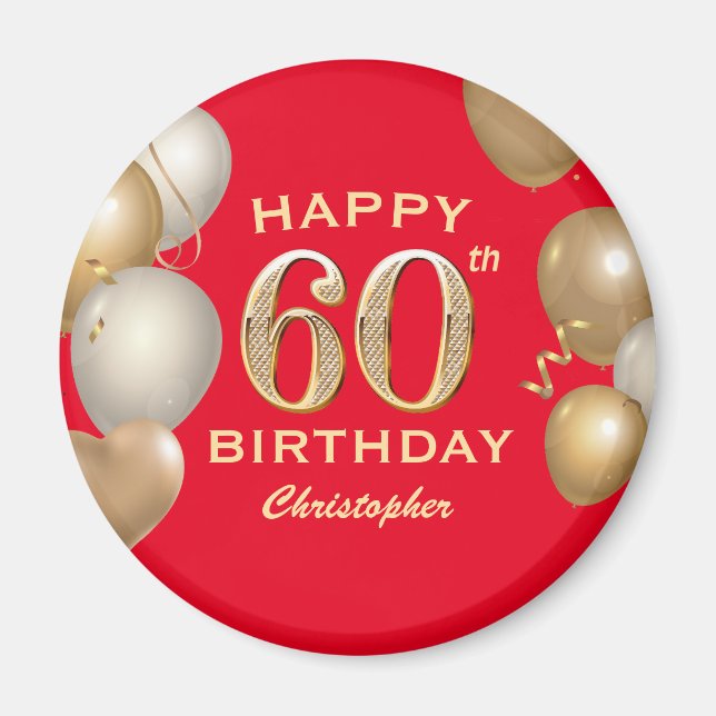 60:e Födelsedagsfesten Röda och Guld-ballonger Magnet (Framsidan)