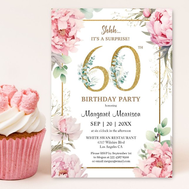 60:e Födelsedagsfesten Rosa Peony Elegant Blommigt Inbjudningar (Skapare uppladdad)