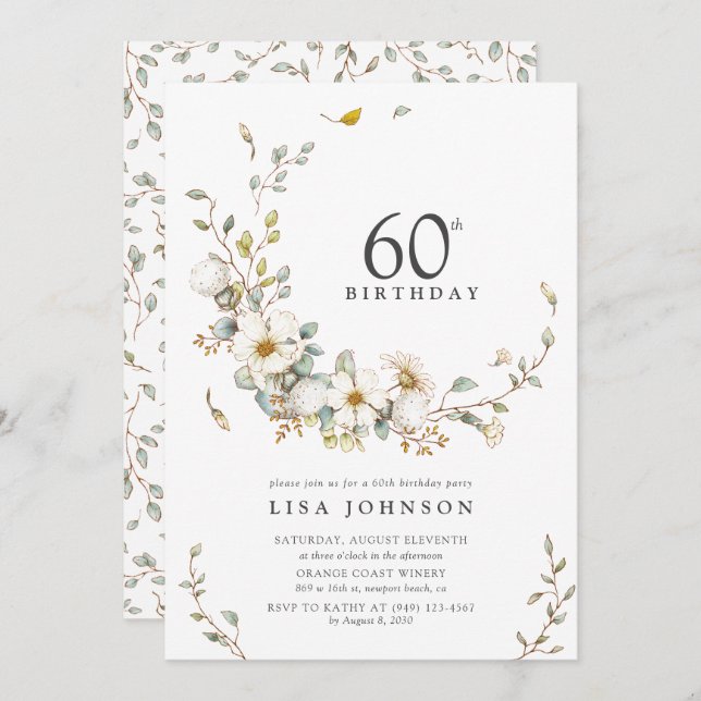 60:e Födelsedagsfesten Rustic Watercolor Wildblomm Inbjudningar (Fram/baksida)