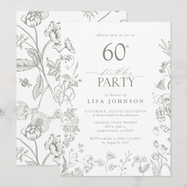 60:e Födelsedagsfesten Sage Grönt Victorian Blommi Inbjudningar (Fram/baksida)